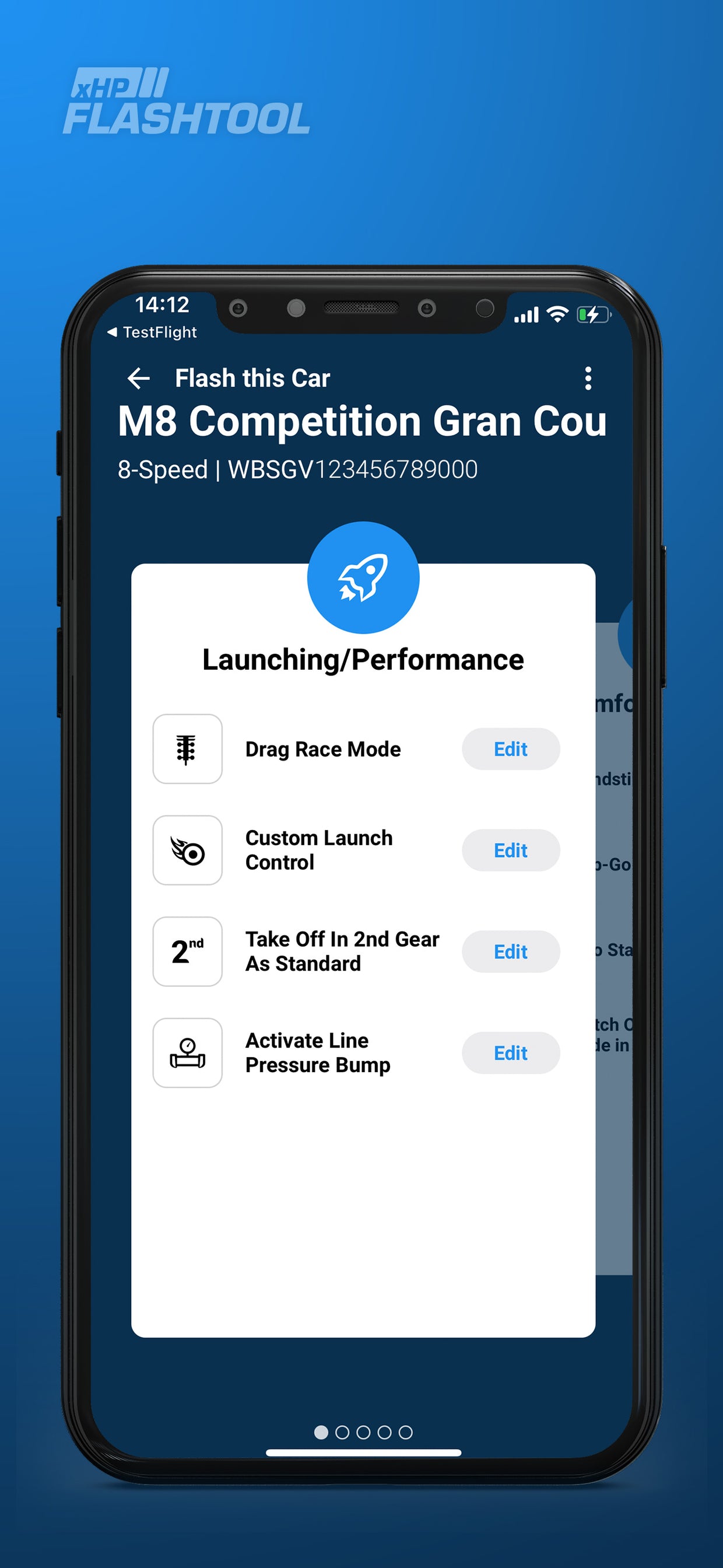 Screen xHP Flash License, Flash Setting category Launching/Performance explained with functions Drag Race Mode, Custom Launch Control, Take off in 2nd Gear as Standard, Activate Line Pressure Bump