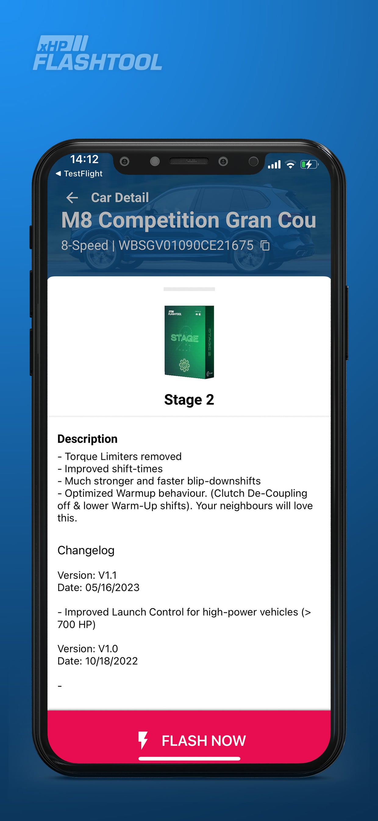 Screen of the xHP Flashtool App, showing the OTS Map Stage 2 setting description