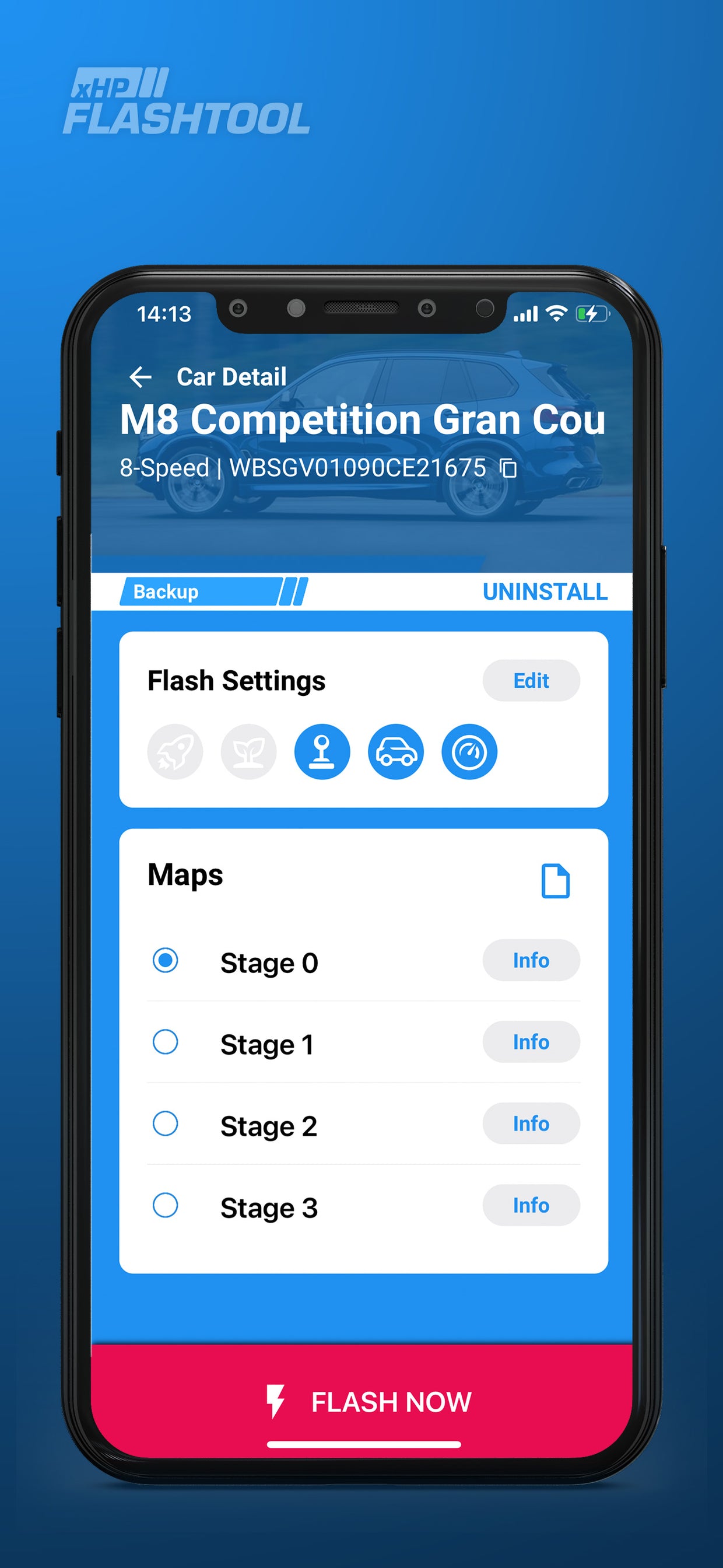 Screen of the xHP Flashtool App, showing the OTS Map Stage overview like Stage 0 Stage 1, Stage 2 and Stange 3