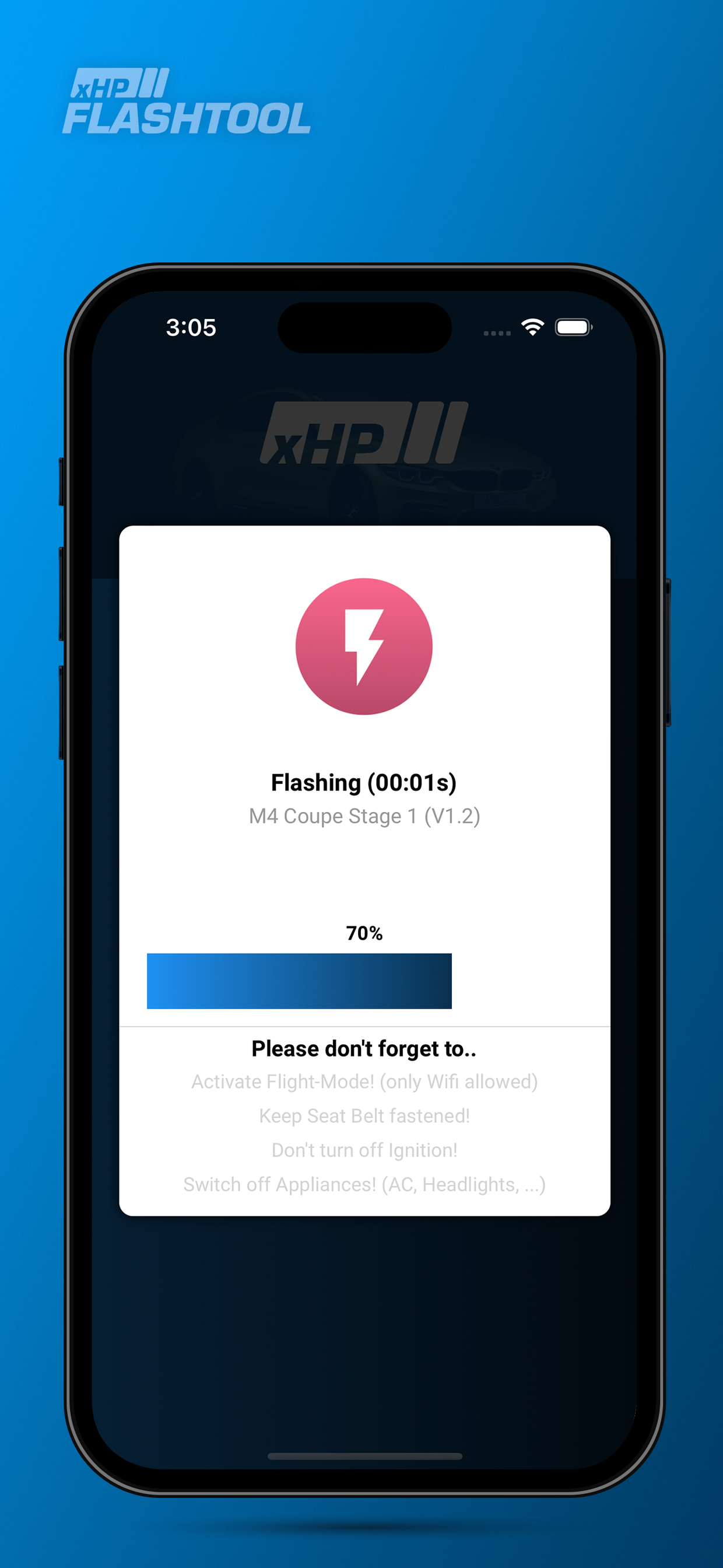 Screen of the xHP Flashtool App, Flashing a car to active the Flash Setting