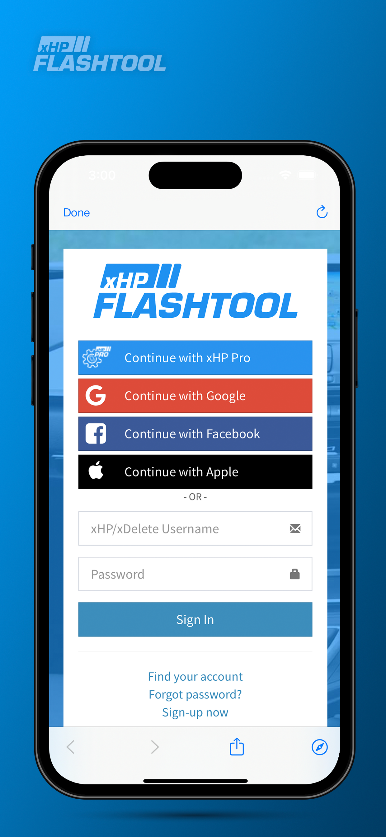 Login Screen of the xHP Flashtool App possible login with socials like Accounts of Google, Facebook or Apple or xHP/xDelete Username
