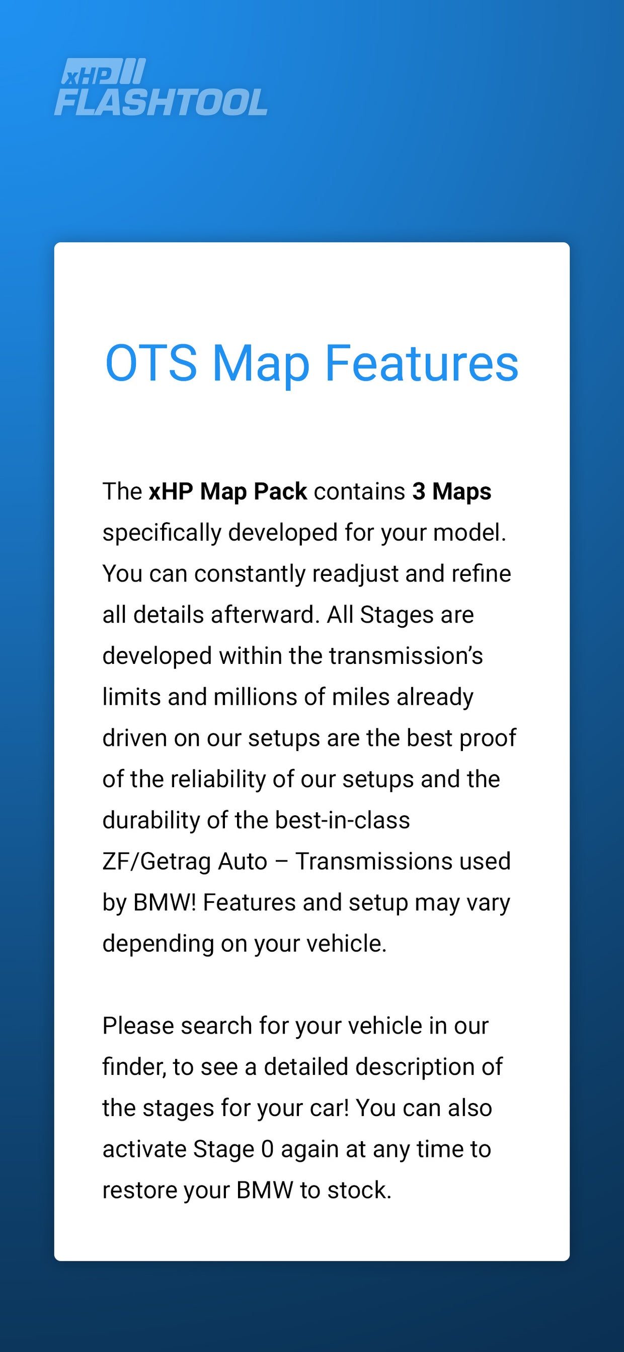 Screen of the xHP Flashtool App, showing the OTS Map Stage feature description